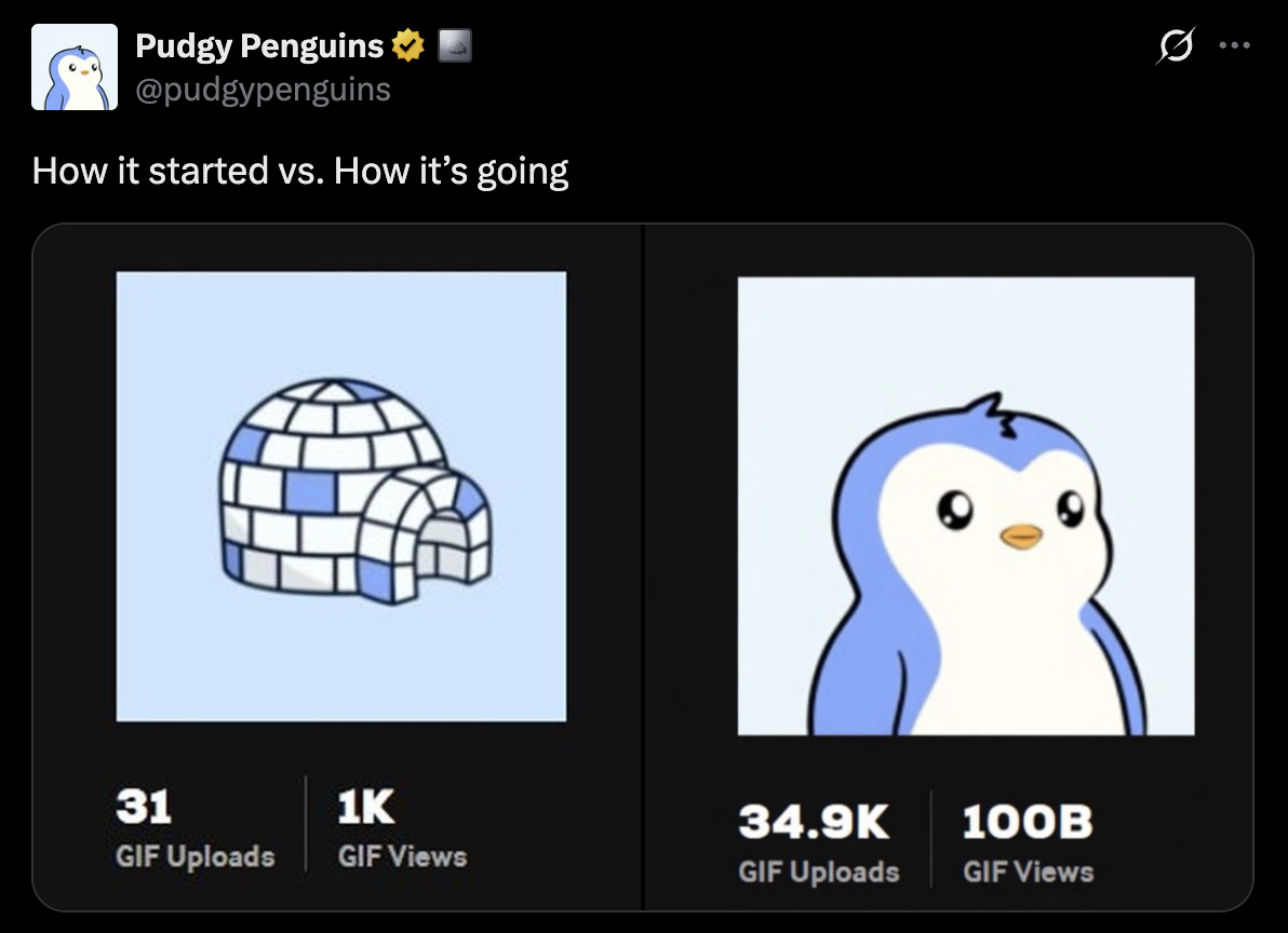 Pudgy Penguins 'how it started vs how it's going' meme