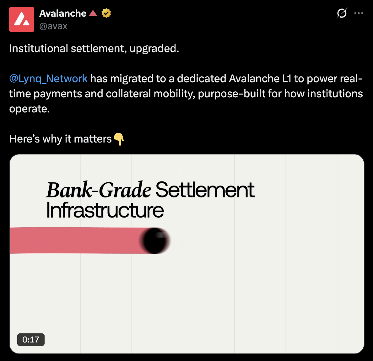 Avalanche x Lynq Network — institutional settlement L1 migration