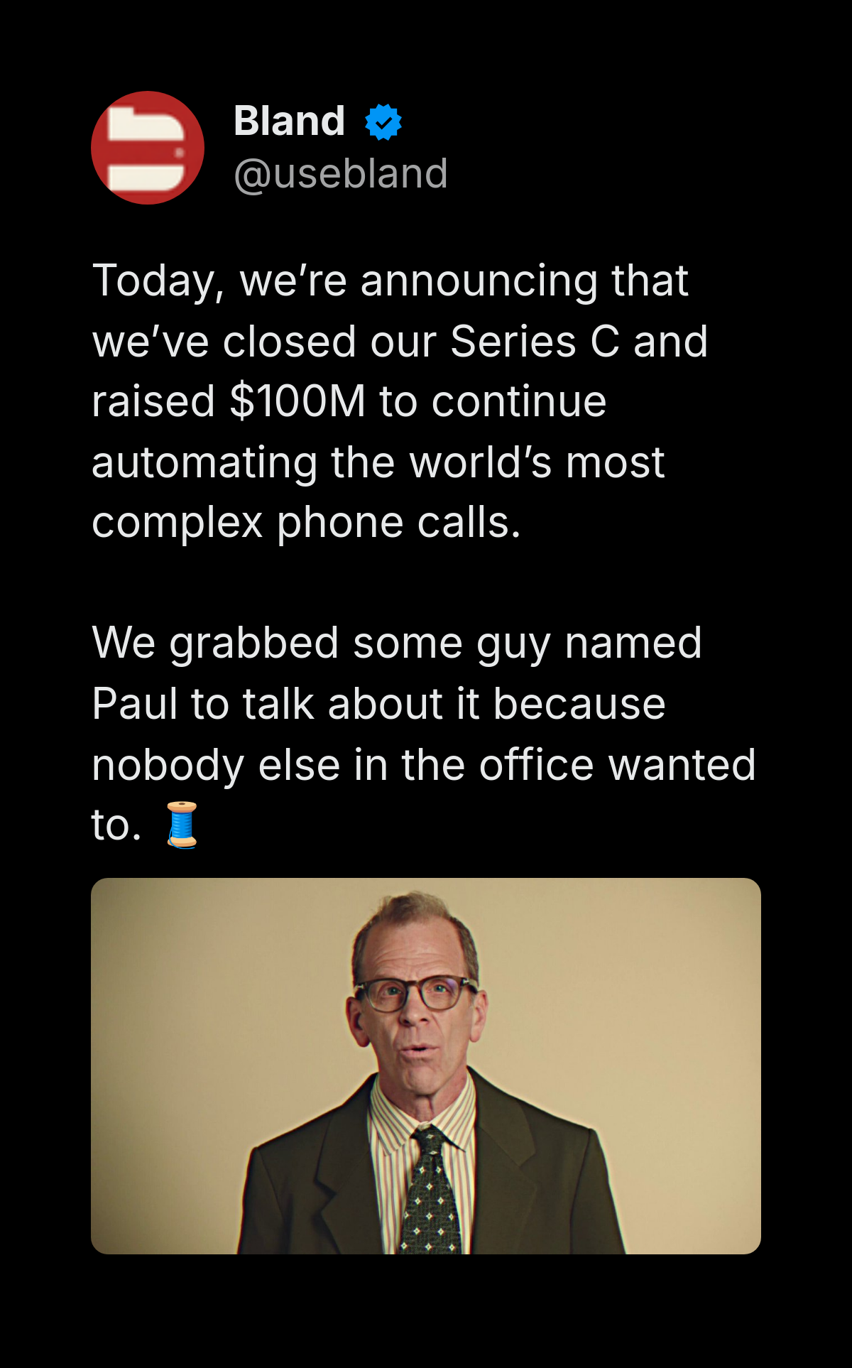 Bland AI Series C $100M raise announcement video
