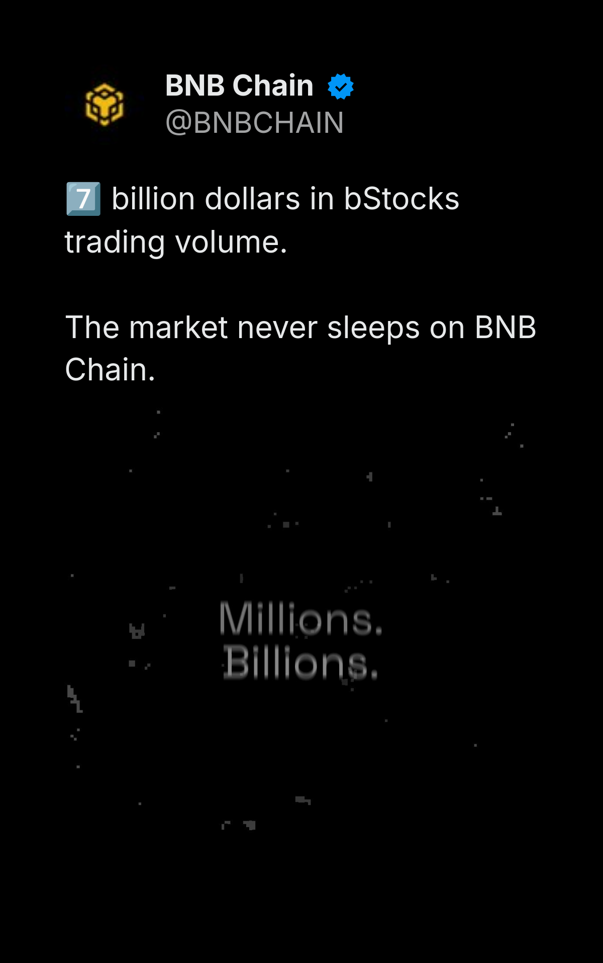 BNB Chain bStocks volume milestone video: "the market never sleeps"